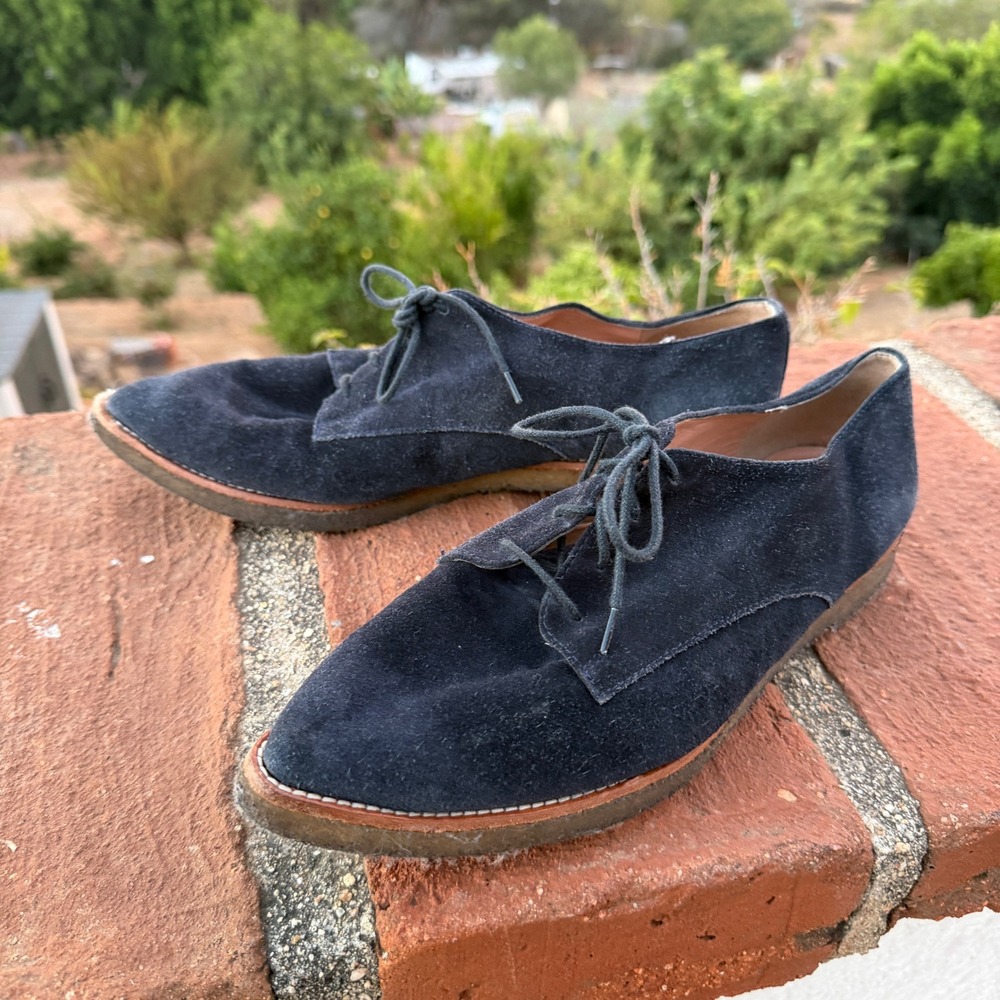 Fabio Rusconi Navy Blue Suede Pointed Toe Oxford Lace Up Flats Italy Size 8.5